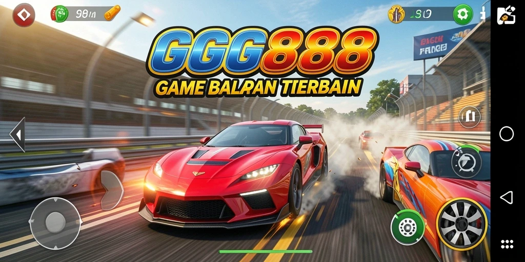 Screenshot gameplay GGG888 menampilkan mobil balapan yang melaju kencang di lintasan.
