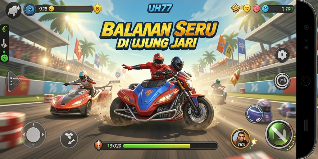 Tampilan gameplay UH77 dengan mobil balap di lintasan yang menegangkan.
