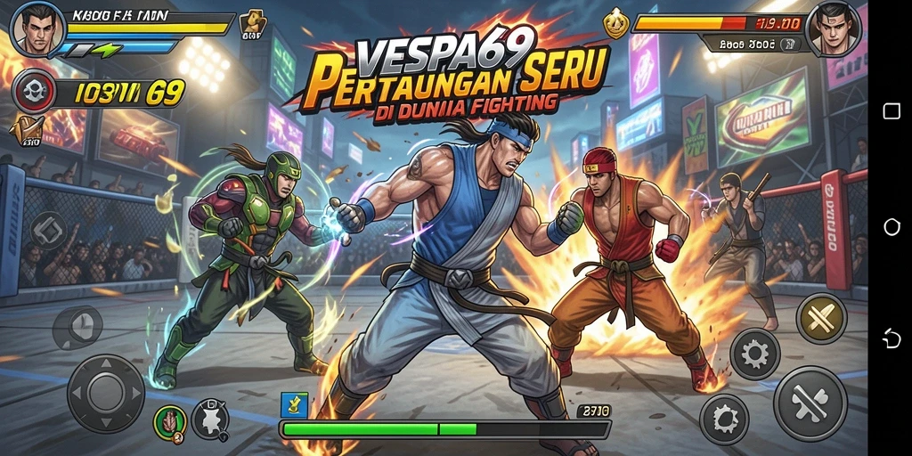Screenshot VESPA69 menampilkan karakter bertarung dalam arena yang dinamis.